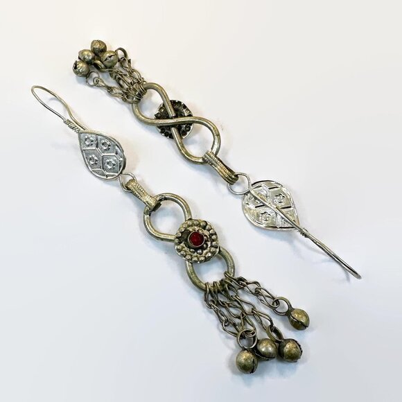 Afghan Earrings, Long Dangles, Silver, Red, Middle Eastern, Vintage, 5 1/2" Long - Picture 3 of 3